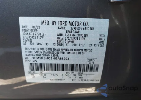 2022 Ford Explorer Platinum из США, поврежденный, VIN 1FM5K8HC3NGA88923